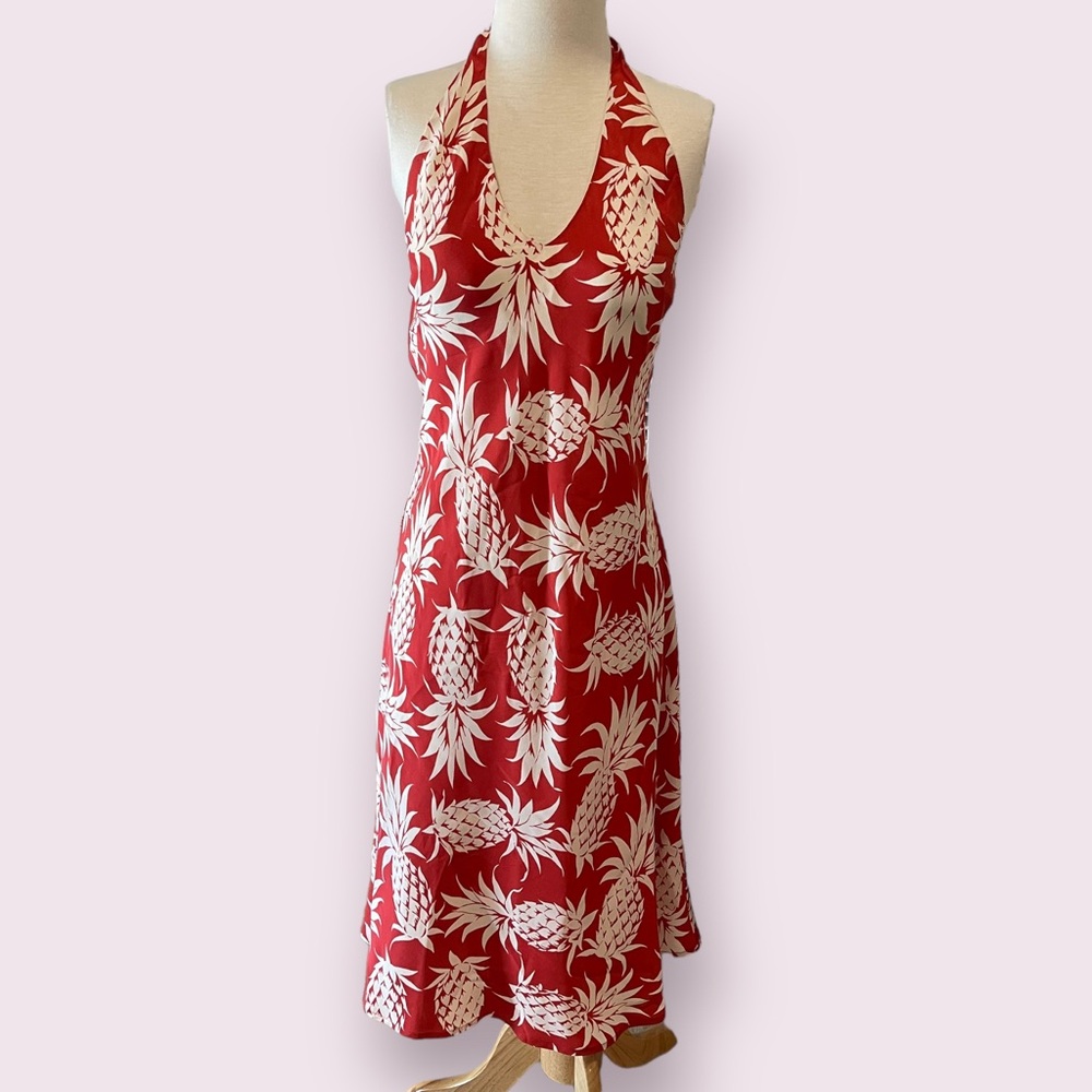 Vintage Red Pineapple Print Silk Dress